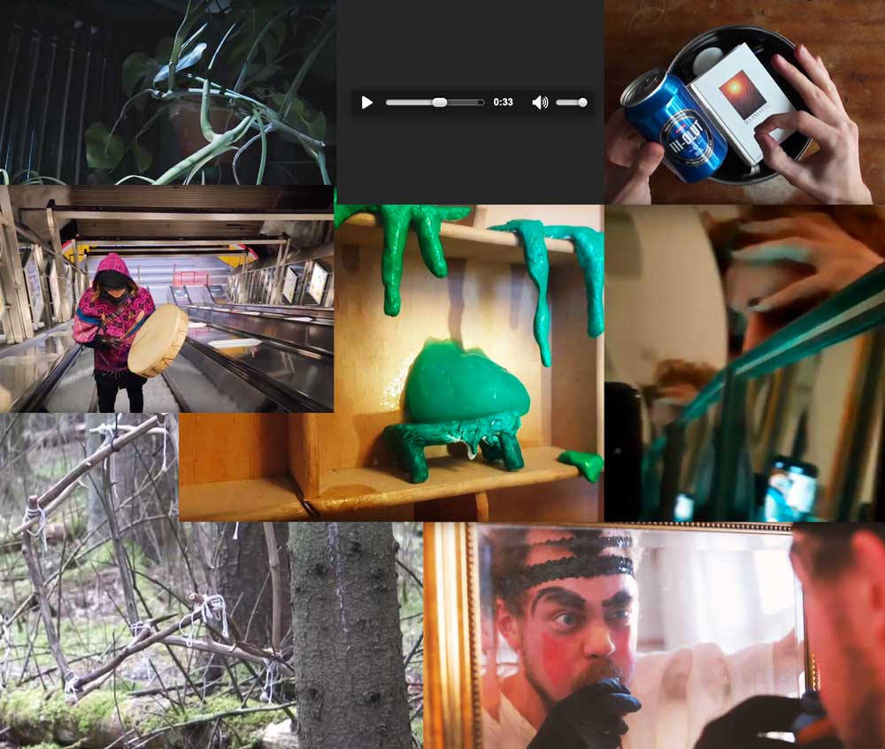 Kuvakaappauksia valo- ja äänisuunnittelun ensimmäisen vuosikurssin opiskelijoiden Tilaetydit-kurssin lopputuloksista.