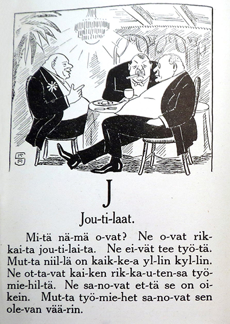 Luokkaerot tehtiin sosialistien oppikirjoissa selviksi. Lähde: Sosialistinen Aapinen (päiväämätön, julkaistu todennäköisesti 1920-luvulla).