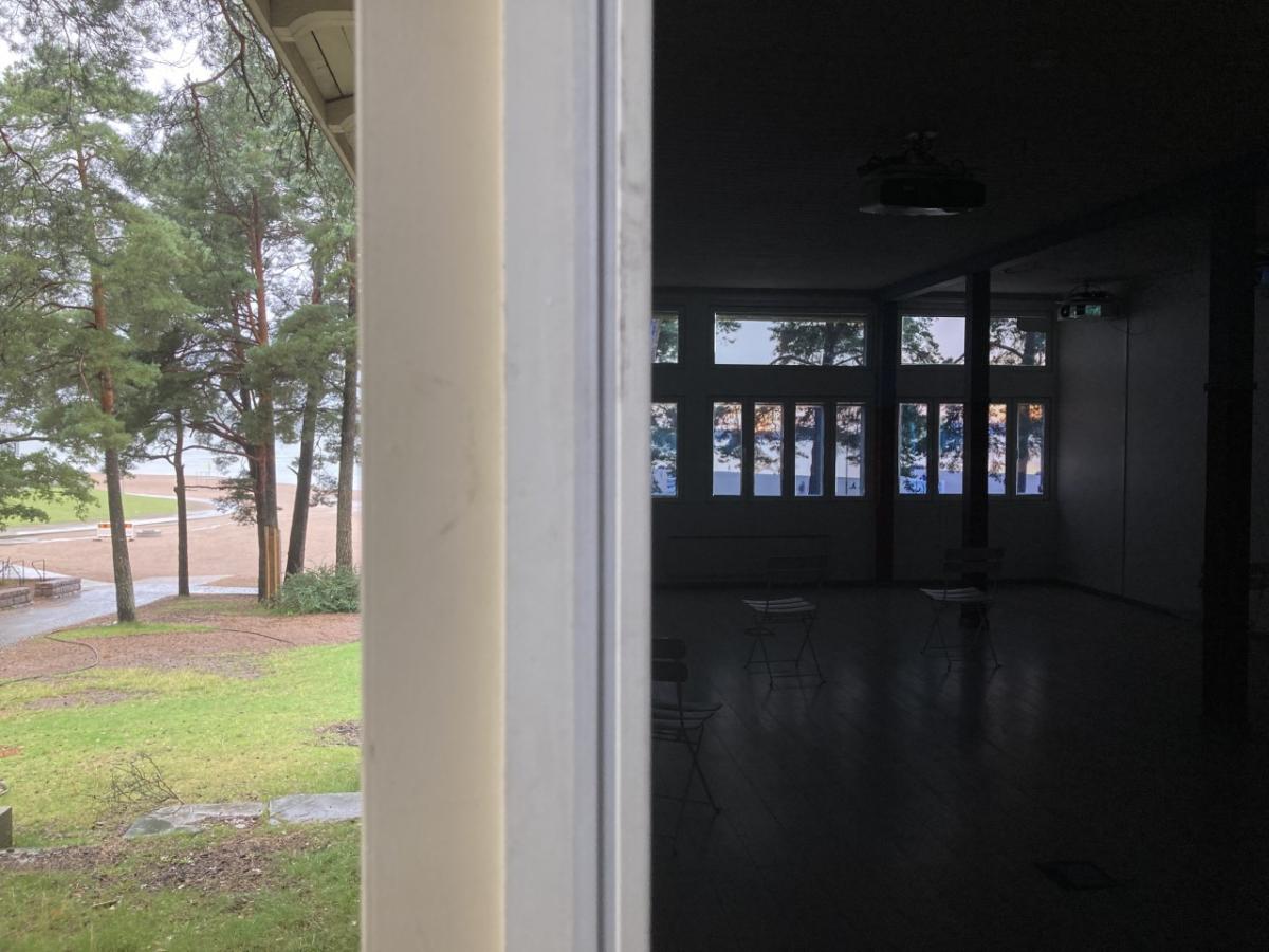 Salla Myllylä's "Vuodenaikahuone" at Research Pavilion #4. Installation view showing the interior space and the surroundings of the building.